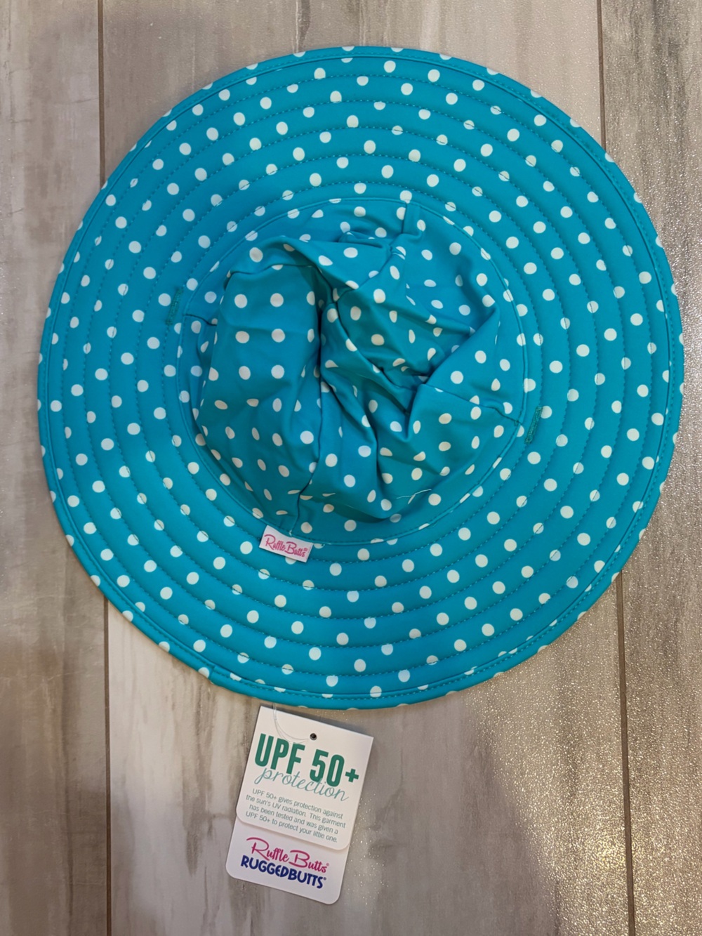 NWT RuffleButts Aqua & White Polka Dot UV Protection Sun & Swim Hat Girls 0-12M